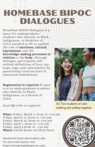 This announcement for the Homebase BIPOC Dialogues includes event details also included in this web page's text to the left. It consists of an image of two students of color smiling and walking together and a QR code to register