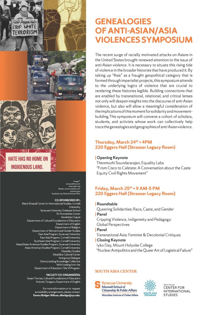 The text with details from the symposium above and four images stacked vertically in boxes. A first image is a person holding a sign with the a strikethrough over the words "stop Asian hate." The following image is of four military-style trucks. The last image is of four people with the text "hate has no home on indigenous land" directly underneath.