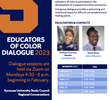Announcement for Educators of Color Dialogue 2023 including dates for dialogue sessions, photos of facilitators Courtney Mauldin and Easton Davis and link to application. This information is also provided in the text of this webpage.