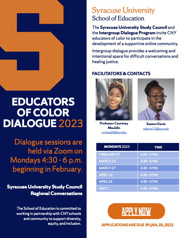 Announcement for Educators of Color Dialogue 2023 including dates for dialogue sessions, photos of facilitators Courtney Mauldin and Easton Davis and link to application. This information is also provided in the text of this webpage. 