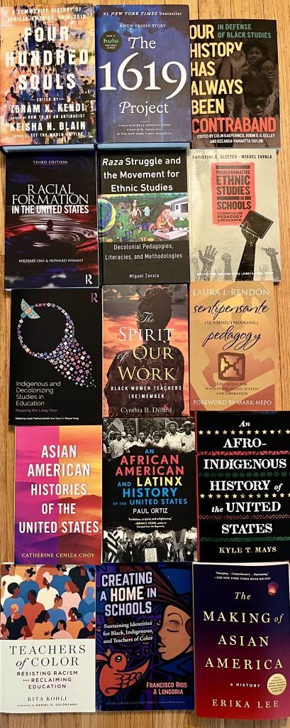 Image of 15 books laid out in a 3 x 5 grid, showing the different titles and colors of the cover pages. All the titles are related to Ethnic Studies in Education. 